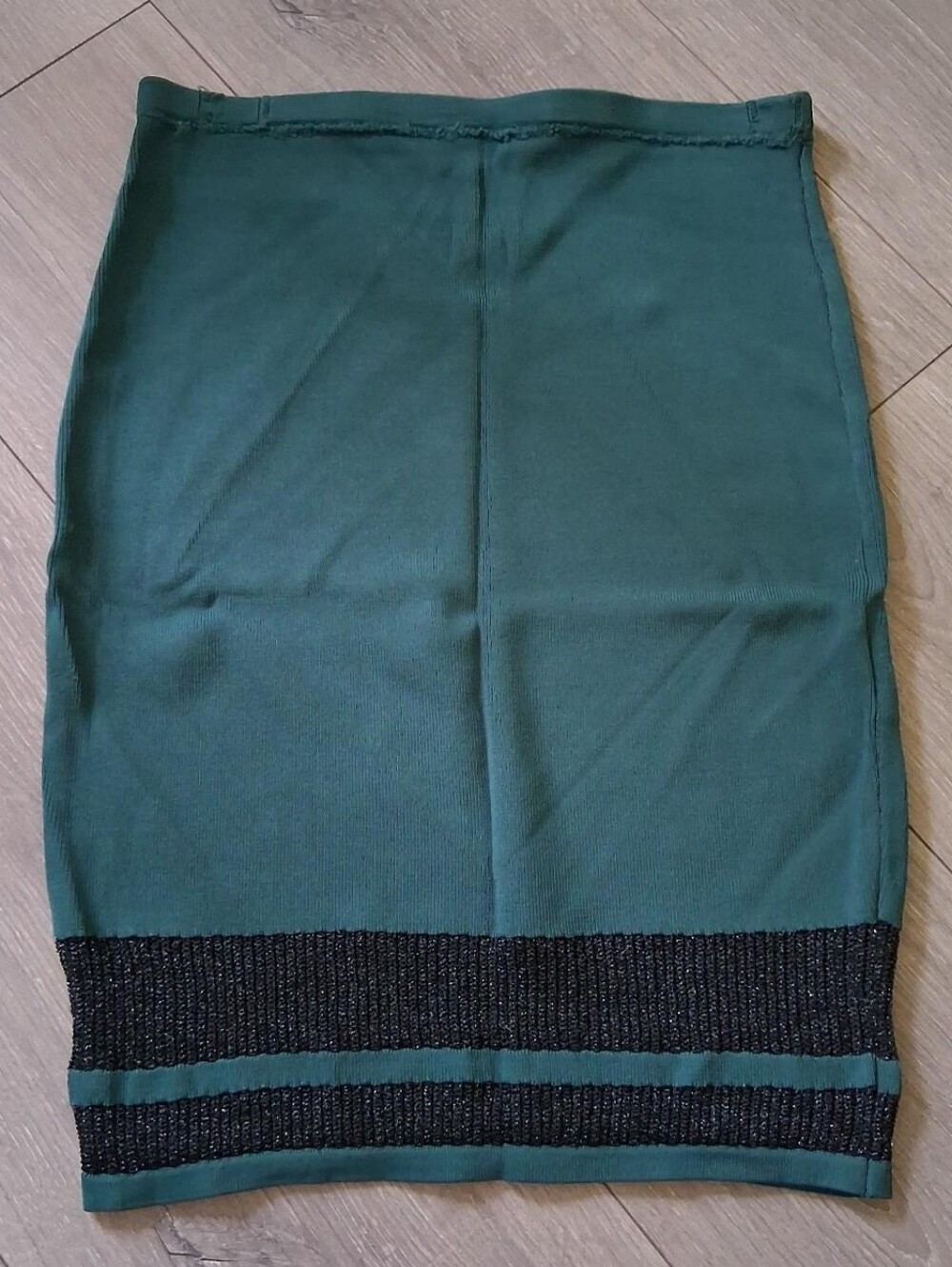 Guess green ribbed pencil skirt with black sparkly mesh stripes